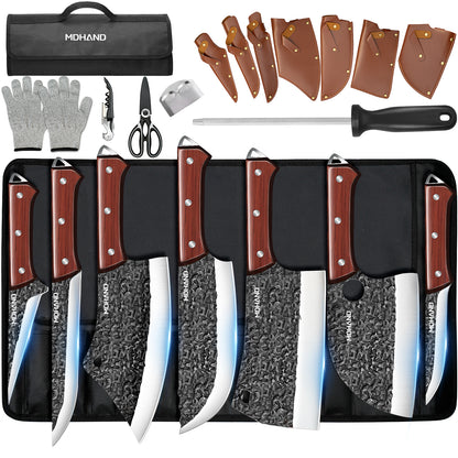 MDHAND 14PCS Butcher Knife Set, Hand Forged Chef Knife & Meat Cleaver Knife Set for Home, Outdoor Cooking, Camping