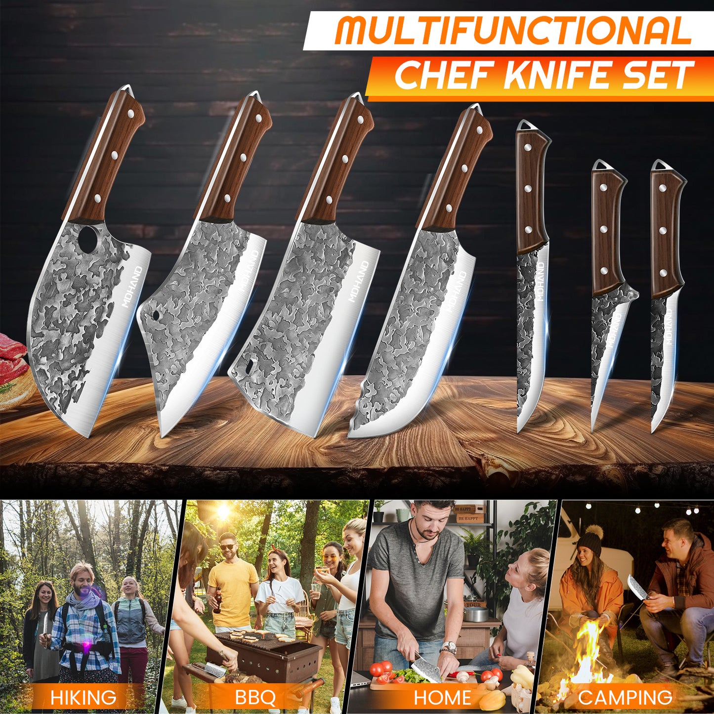 MDHAND 14pcs Kitchen Knives Set - Butcher Knife,Chef Knife, Boning Knife, Meat Cleaver - BBQ, Outdoor, Camping(Cloud)