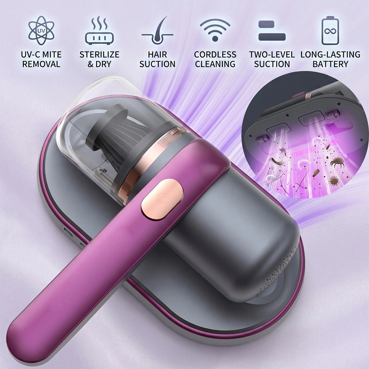 MDHAND Purple Mattress Vacuum Cleaner, 10KPa Suction
