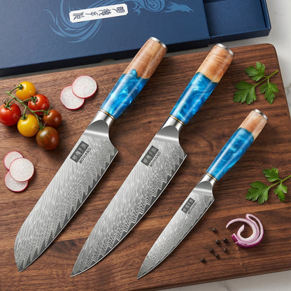 MDHAND 3PCS Kitchen Knife Set, 62 HRC 10Cr15CoMoV Steel, Resin & Wood Handle, Gift Box