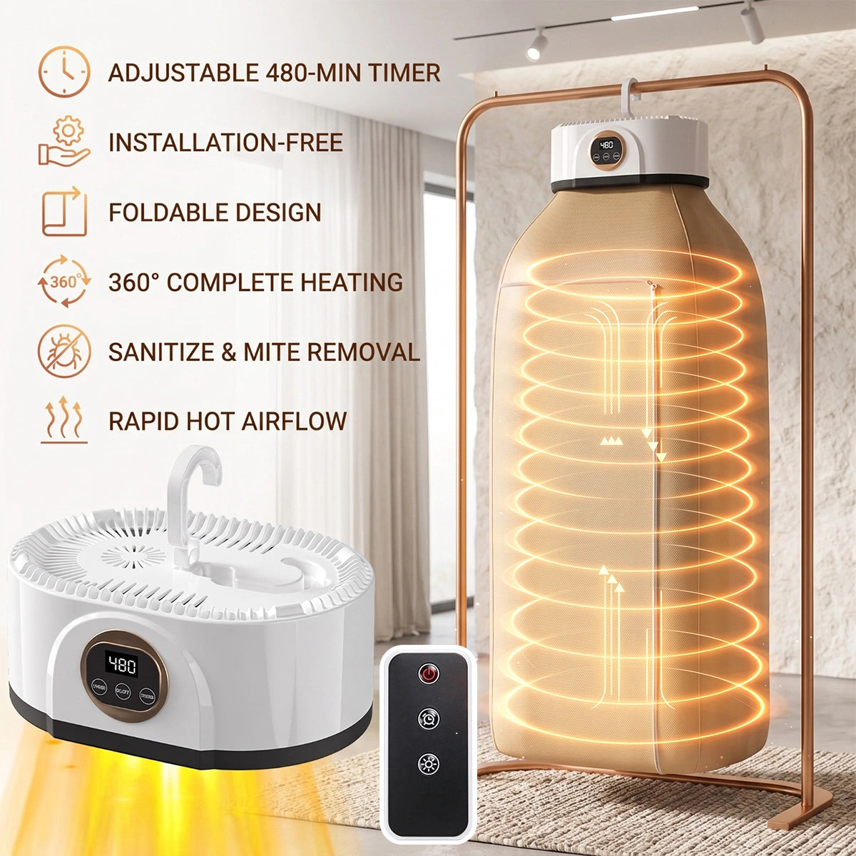 MDHAND Fully Automatic Clothes Dryer, 1000W Portable Garment Dryer with Remote Control