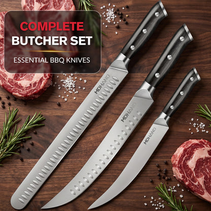 MDHAND 3-Piece Carving Knife Set, Brisket Slicer, Butcher & Boning Knife for BBQ