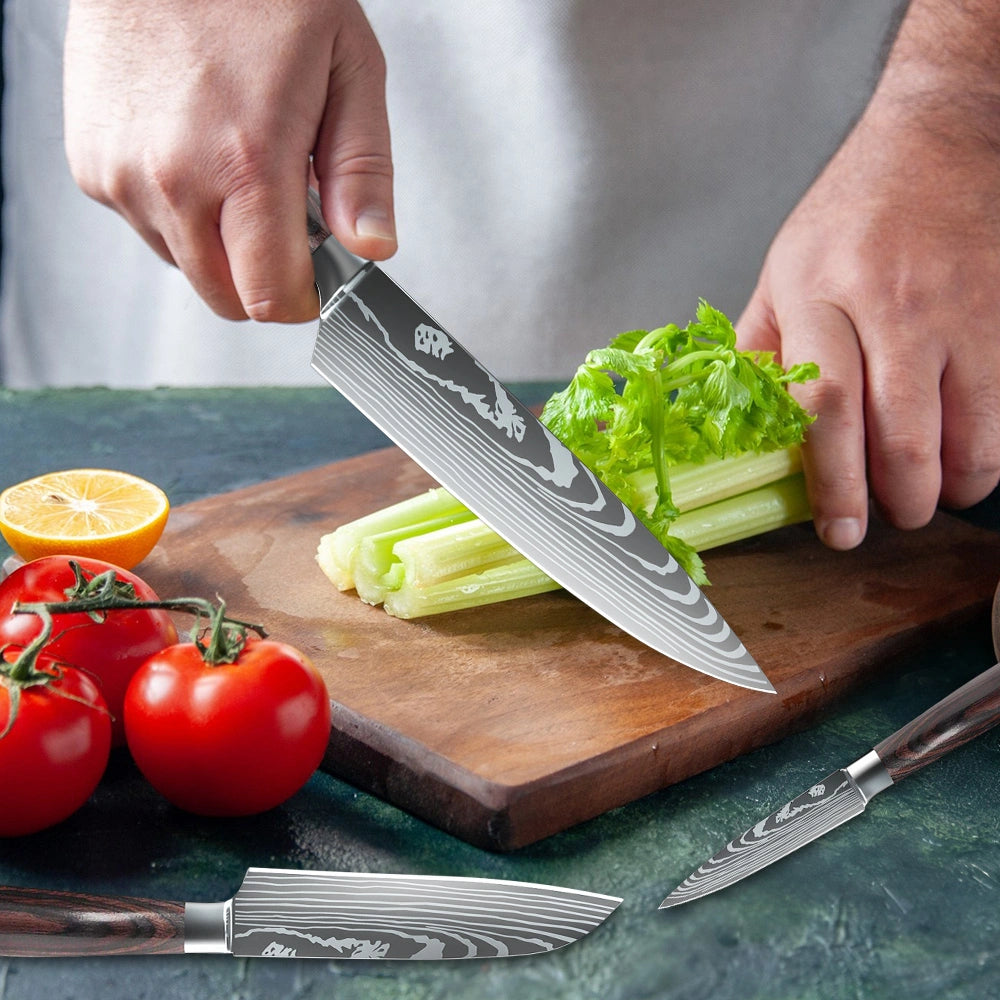 MDHAND 3-Piece Red Wood Handle Knife Set, Includes Santoku Chef Paring Knife