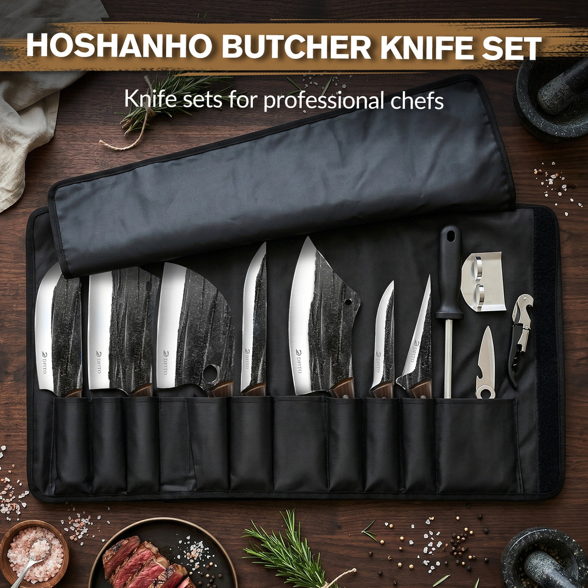 MDHAND 14-Piece Butcher Knife Set, Hand Forged Chef Cleaver Boning Fish Knives