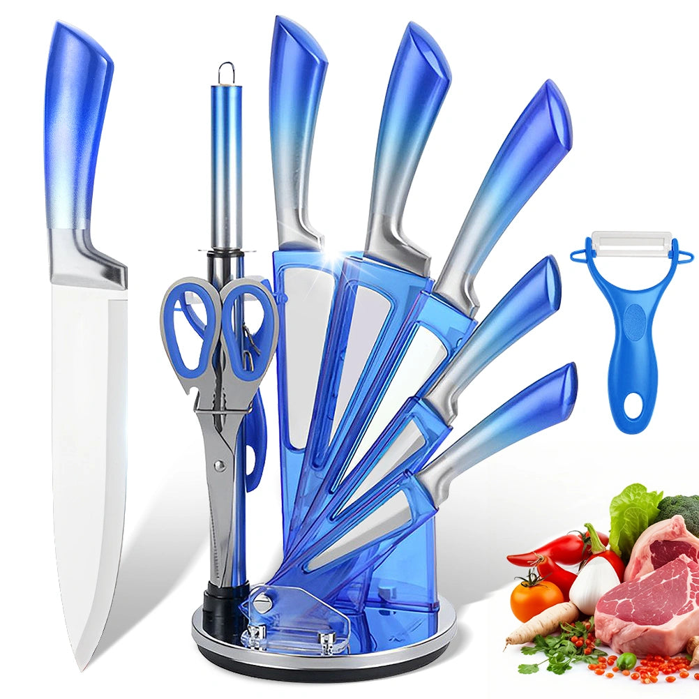 MDHAND 9-Piece Gradient Handle Knife Set, 5 Stainless Steel Knives with Block, Sharpening Rod, Scissors and Peeler