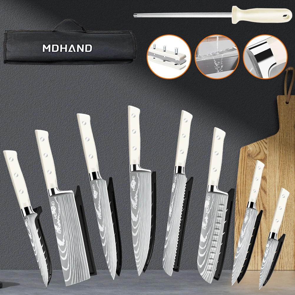 MDHAND 9-Piece Chef Knife Set, Sharpening Rod & Nylon Knife Bag, ABS Straight Handle, Beige