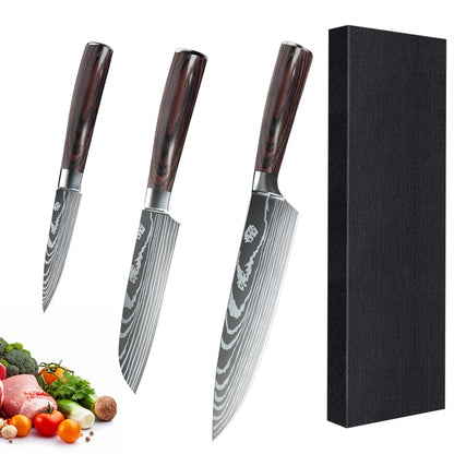 MDHAND 3-Piece Red Wood Handle Knife Set, Includes Santoku Chef Paring Knife