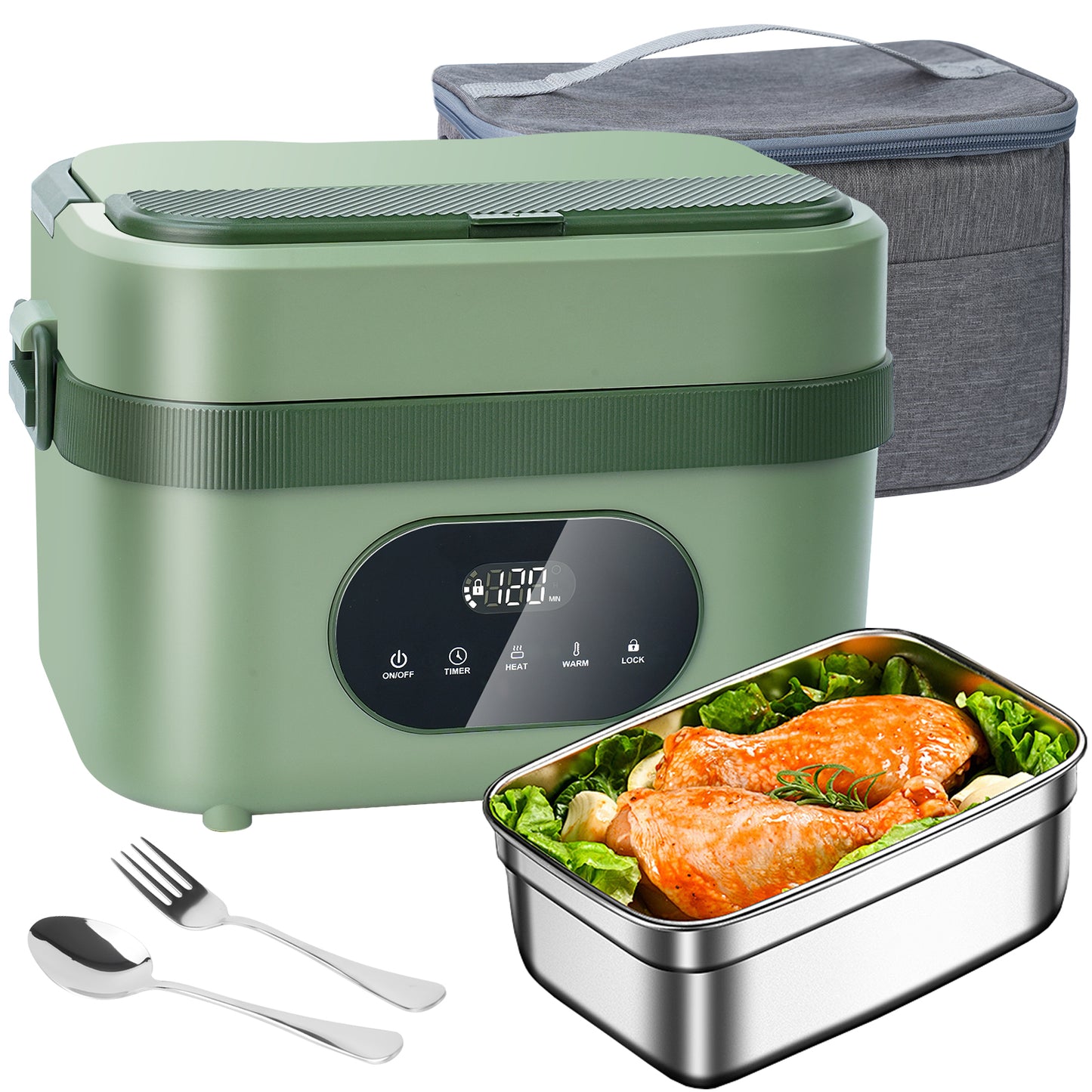 MDHAND cordless electric heated lunch box for adults, battery-powered, portable food warmer with lid and handle, black and silver design