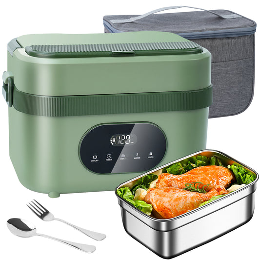 MDHAND cordless electric heated lunch box for adults, battery-powered, portable food warmer with lid and handle, black and silver design