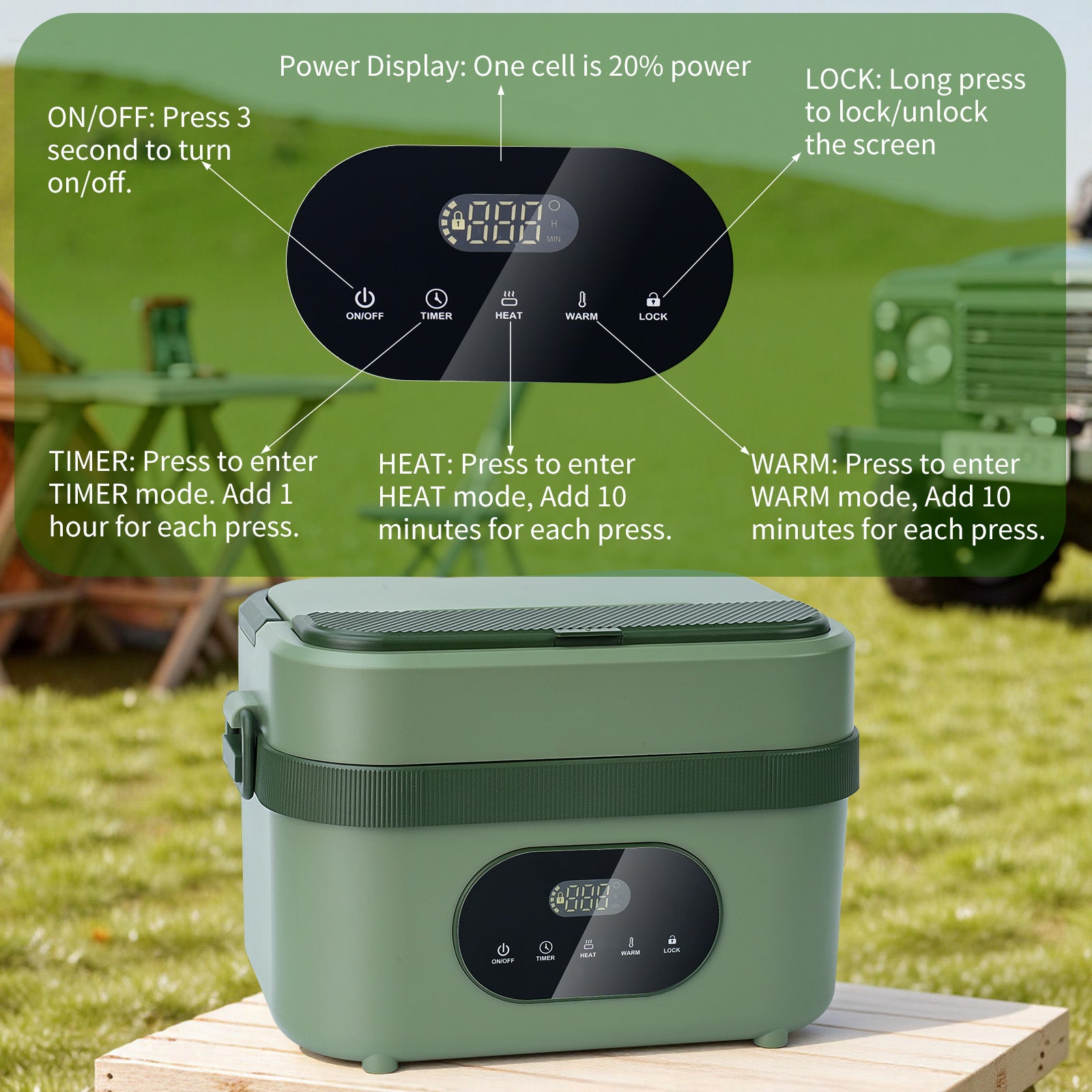 MDHAND cordless electric heated lunch box for adults, battery-powered and portable with a sleek design and visible heating compartment.