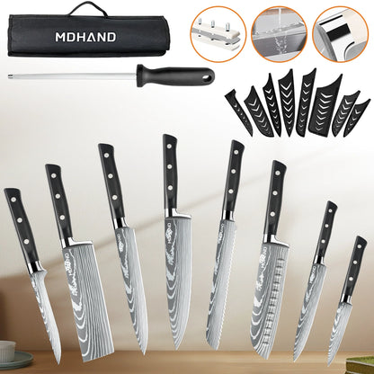MDHAND 9-Piece Chef Knife Set, Sharpening Rod & Nylon Knife Bag, ABS Straight Handle, Black
