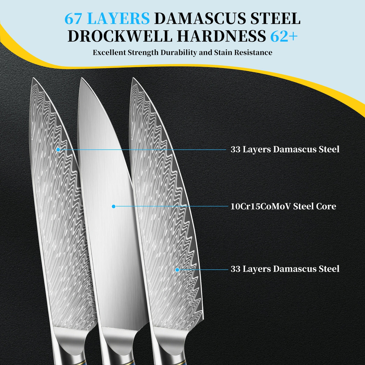 MDHAND 3PCS Kitchen Knife Set, 62 HRC 10Cr15CoMoV Steel, Resin & Wood Handle, Gift Box