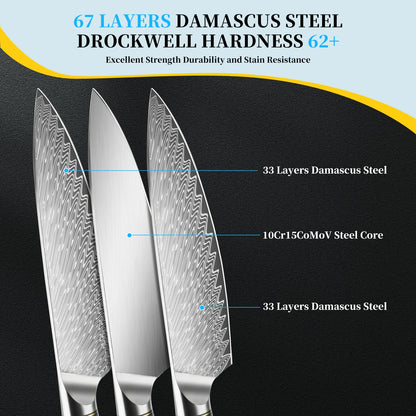 MDHAND 3PCS Kitchen Knife Set, 62 HRC 10Cr15CoMoV Steel, Resin & Wood Handle, Gift Box