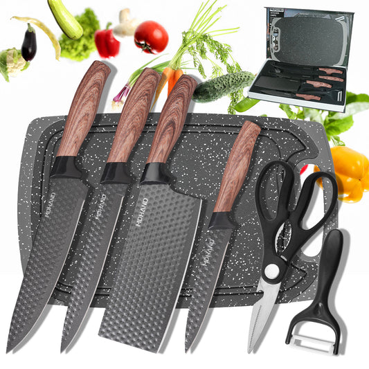 MDHAND Kitchen Knife Set, 7-Piece with Cutting Board, Sharp Chef & Utility Knives ¨C Ideal Gift(Brown Handle)