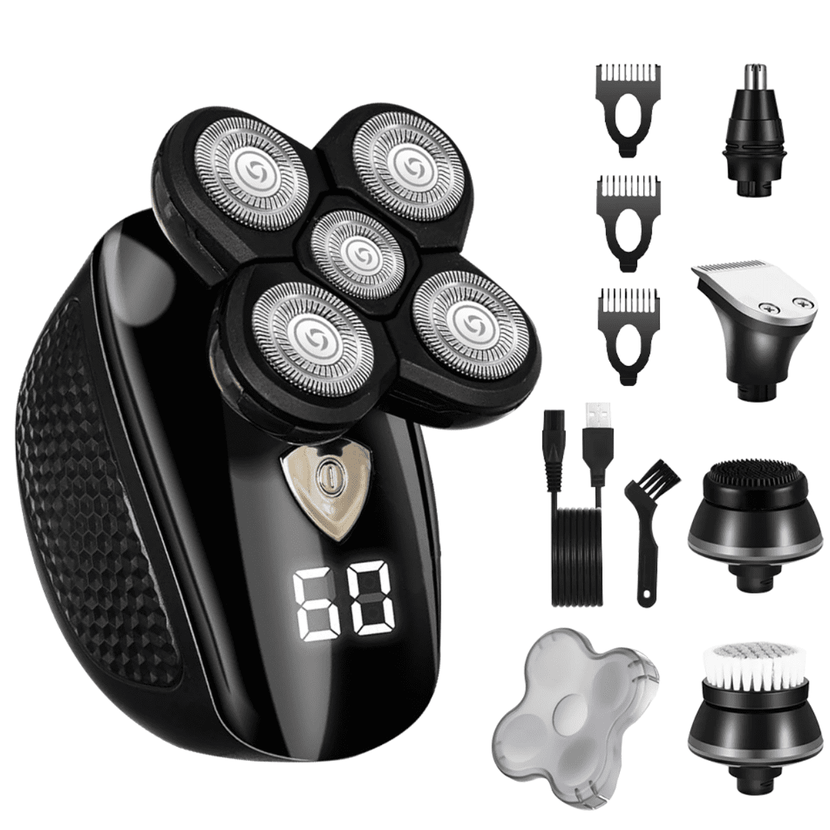 MDHAND 5-in-1 cordless head shaver for men, electric rotary razor in black for wet and dry bald grooming.