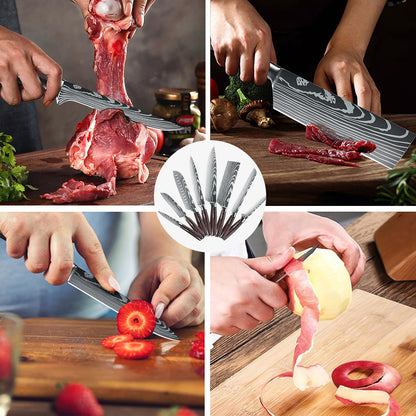 MDHAND 5-piece kitchen knife set with ultra-sharp stainless steel chef knives, dishwasher safe for versatile cooking prep.