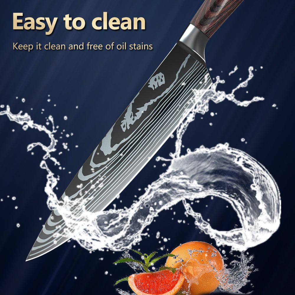 MDHAND 5-piece kitchen knife set with ultra-sharp stainless steel chef knives, dishwasher safe for versatile cooking prep.