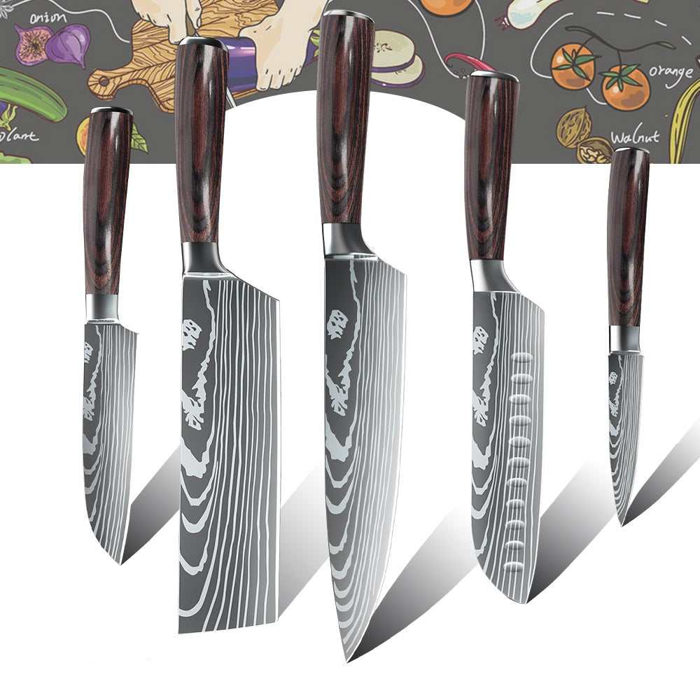 MDHAND 5-piece stainless steel kitchen knife set with ultra-sharp chef knives, dishwasher safe, ideal for versatile cooking tasks.