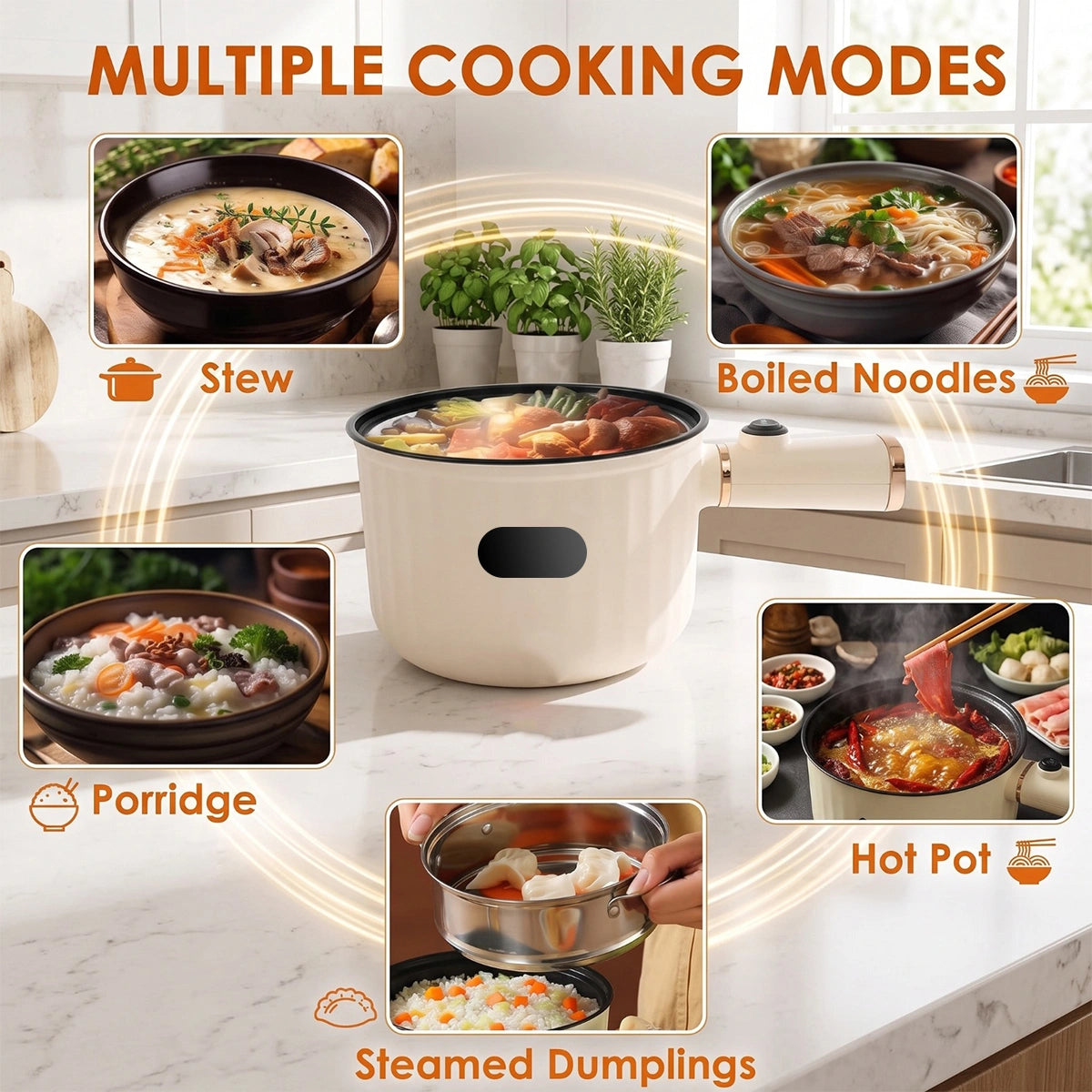 MDHAND 1.8L Electric Hot Pot with Steamer, Cream White Nonstick Cooking Pot