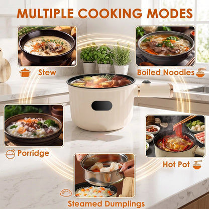 MDHAND 1.8L Electric Hot Pot with Steamer, Cream White Nonstick Cooking Pot