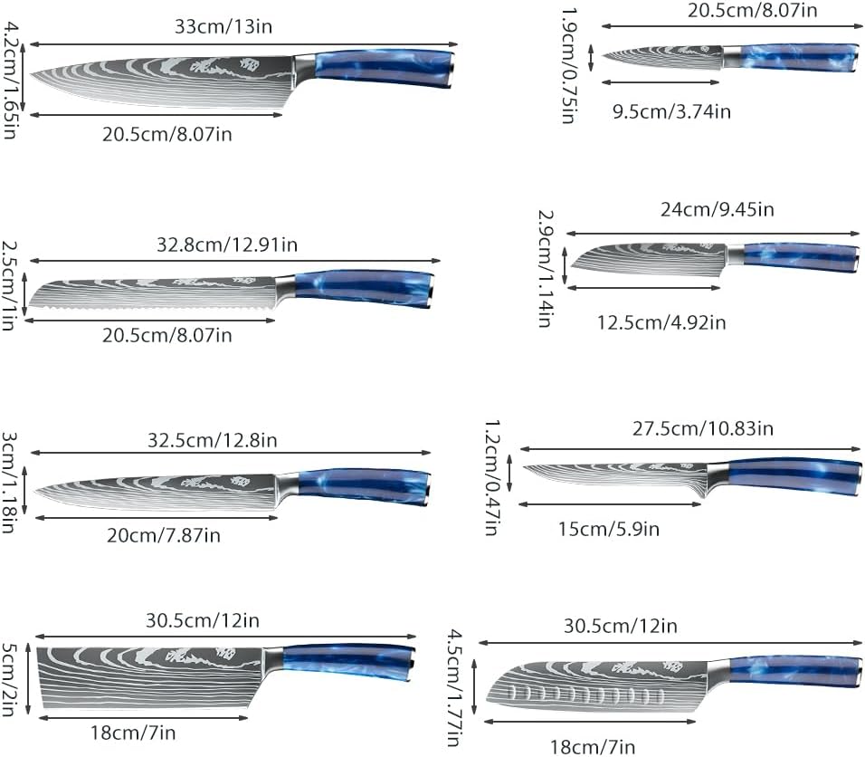 MDHAND 8-piece kitchen knife set with sharp chef's knives and ergonomic resin handles for home and restaurant use