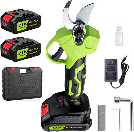 MDHAND electric pruning shears with 1.4-inch cut, brushless motor, cordless design, green color, includes rechargeable batteries and charger.