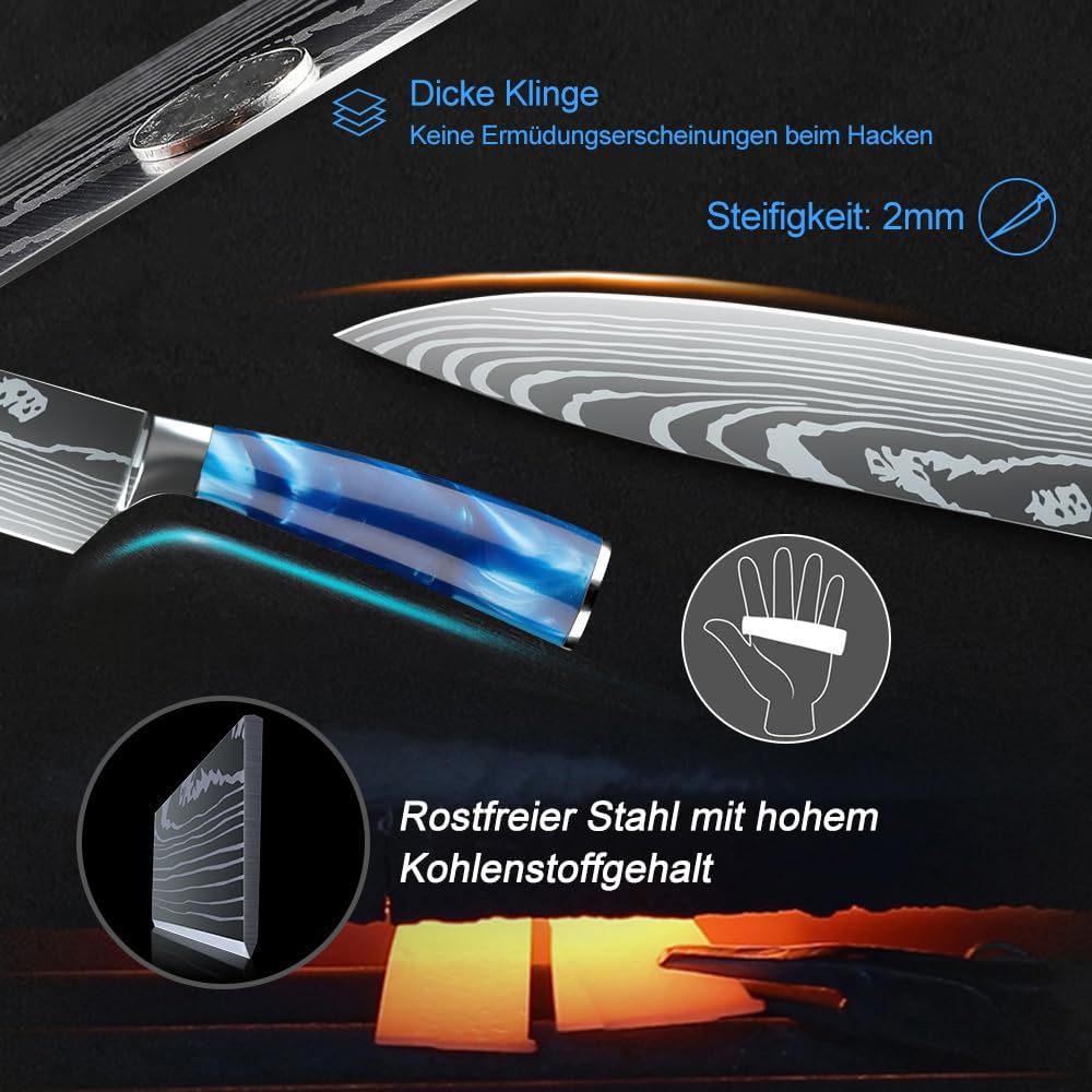MDHAND 8-piece kitchen knife set with ergonomic resin handle, including sharp chef knives for home and restaurant use.