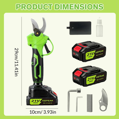 MDHAND electric pruning shears with 1.4-inch cut capacity, green cordless power pruner, brushless motor, two 21V batteries, and quick charger