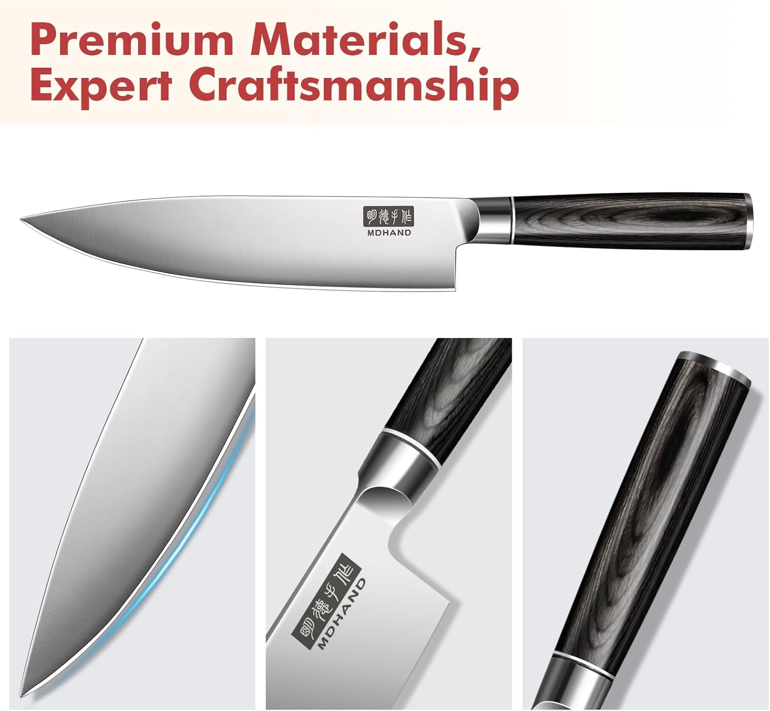 MDHAND 3-piece professional kitchen knife set with chef's, Santoku, and utility knives made from durable German high-carbon stainless steel