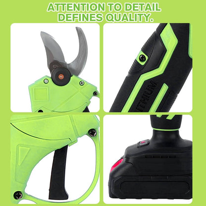 MDHAND electric pruning shears with green body, cordless design, 1.4-inch cut capacity, brushless motor, and rechargeable batteries.