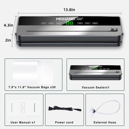 MDHAND vacuum sealer machine with built-in cutter, 30 bags, and multi-functional modes for home kitchen food preservation.