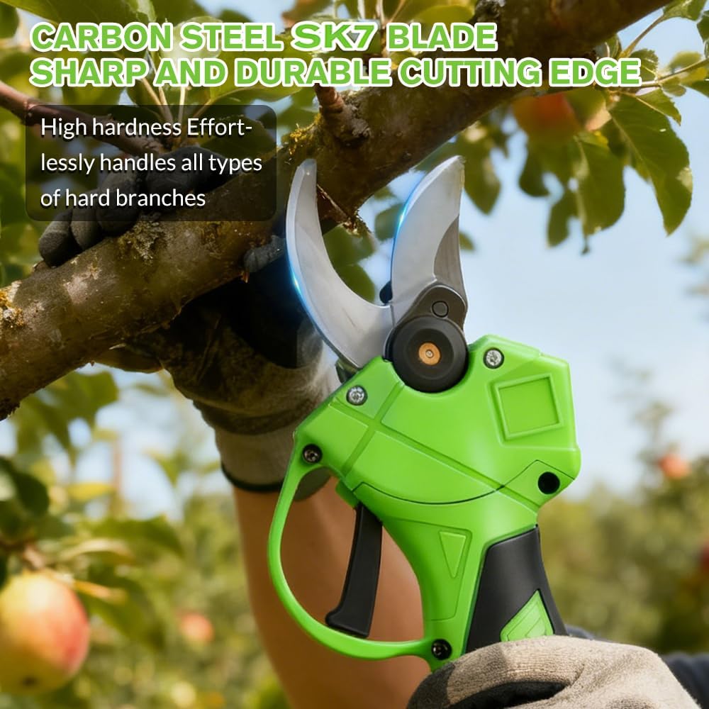 MDHAND electric pruning shears with 1.4-inch cutting diameter, cordless, brushless motor, green, with rechargeable batteries and charger.