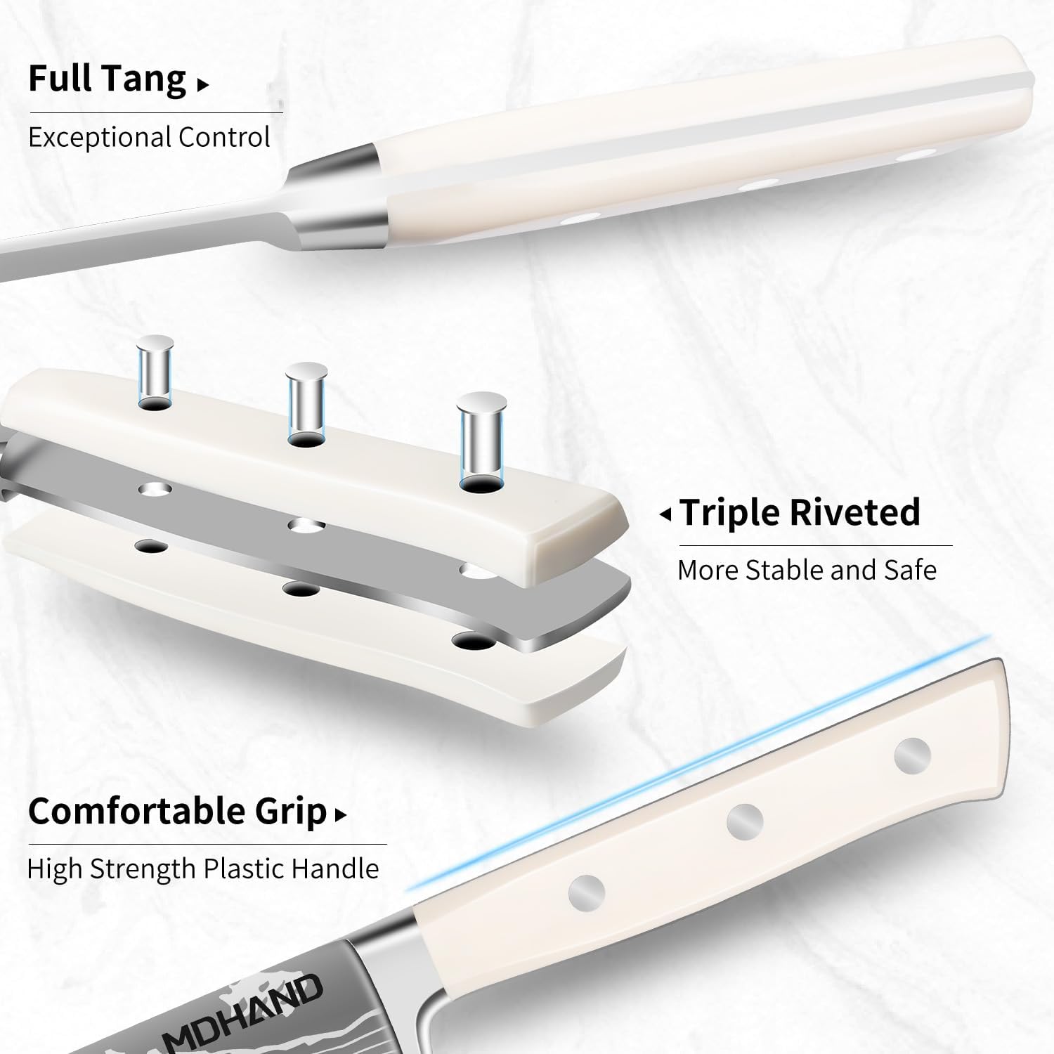 MDHAND 6-piece kitchen knife set with block, including chef's knives, steak knives, scissors, and sharpener for professional cooking.