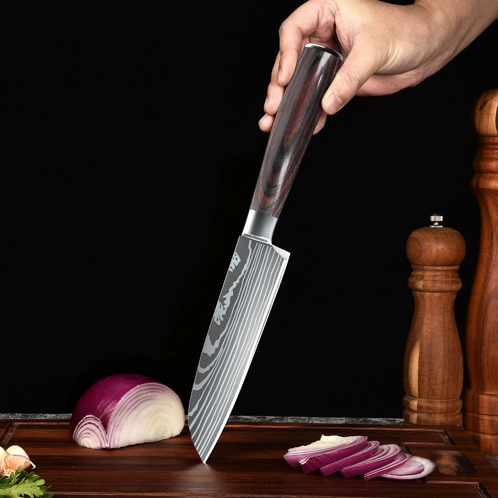 MDHAND 3-Piece Red Wood Handle Knife Set, Includes Santoku Chef Paring Knife