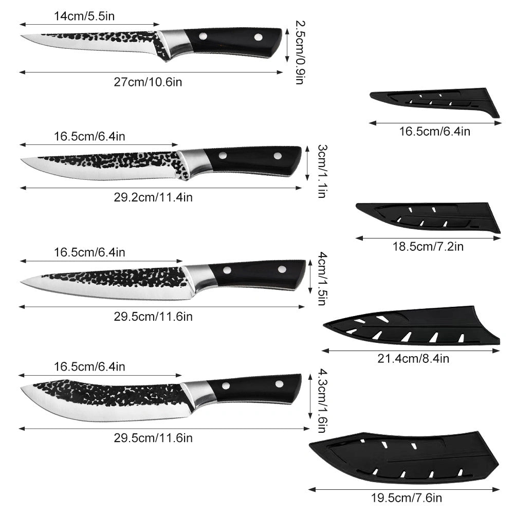 MDHAND 4-Piece Black Hammered Butcher Knife Set, Stainless Steel Blades with Sheaths