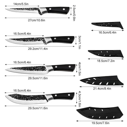 MDHAND 4-Piece Black Hammered Butcher Knife Set, Stainless Steel Blades with Sheaths