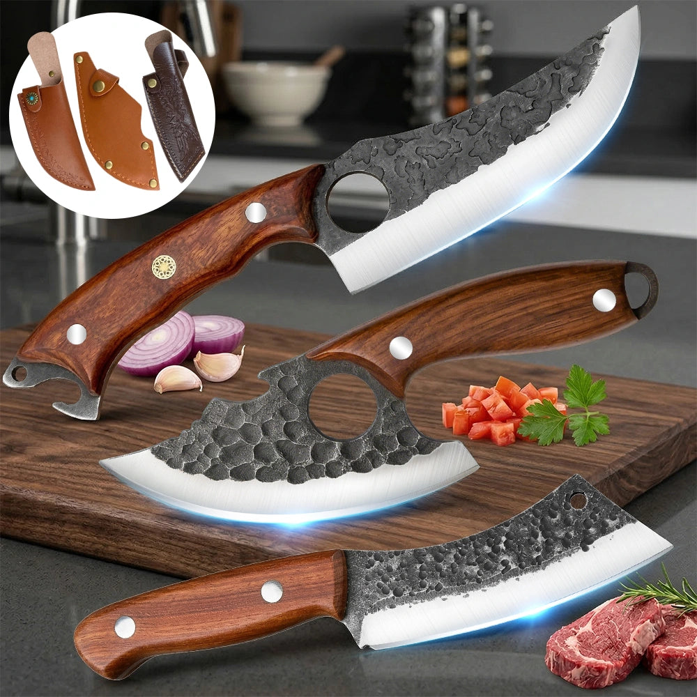 3 Piece Hand Forged Chef Knife Set, Full Tang Wood Handle Knives