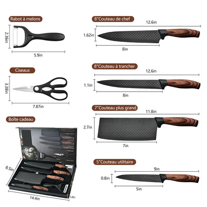 Six-piece MDHAND professional kitchen knife set with gift box, including sharp chef and meat cutting knives in stainless steel.