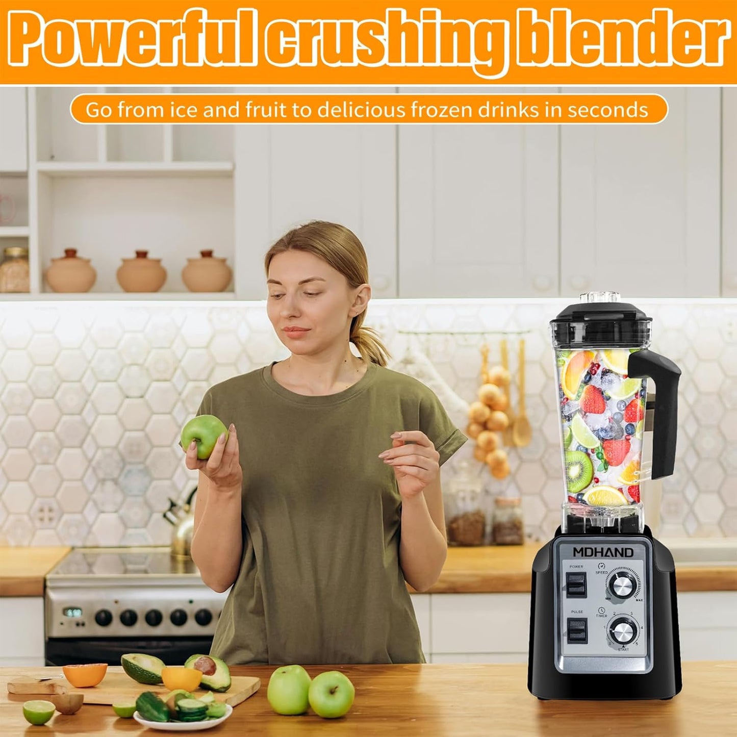 MDHAND 1400W professional kitchen blender with 68 oz pitcher and two 18 oz cups for smoothies, frozen drinks, and ice crushing