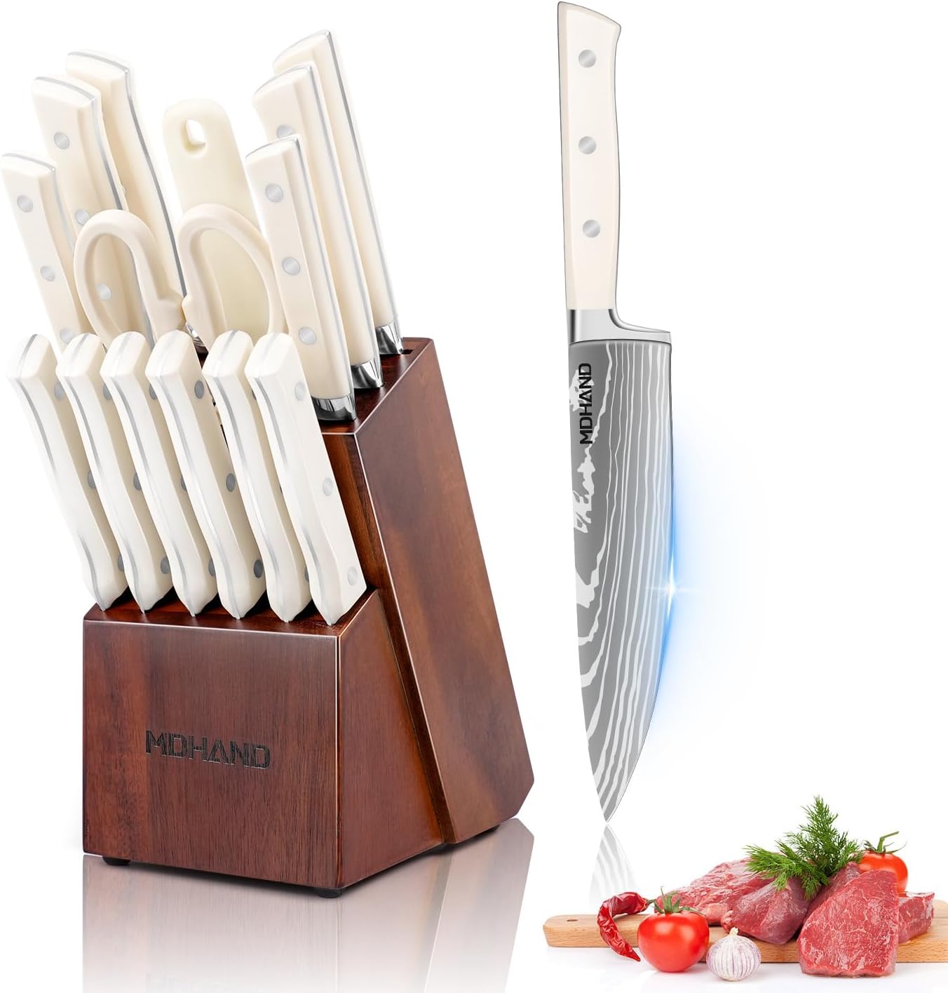 MDHAND professional knife block set with 6 kitchen knives, steak knives, scissors, sharpener, and holder in a wooden block.