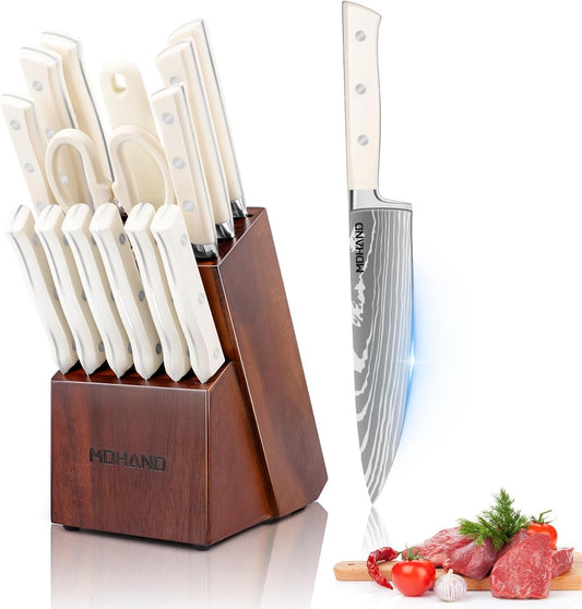 MDHAND professional knife block set with 6 kitchen knives, steak knives, scissors, sharpener, and holder in a wooden block.