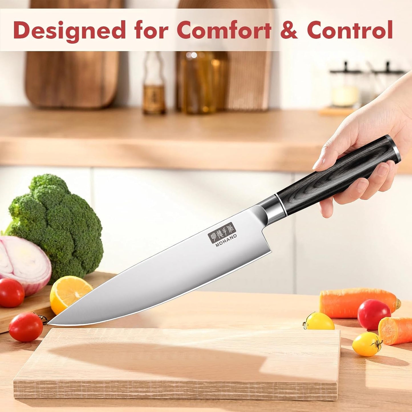 MDHAND 7-teilig Küchenmesser Set with high-quality stainless steel blades, ergonomic wooden handles, and gift box packaging.