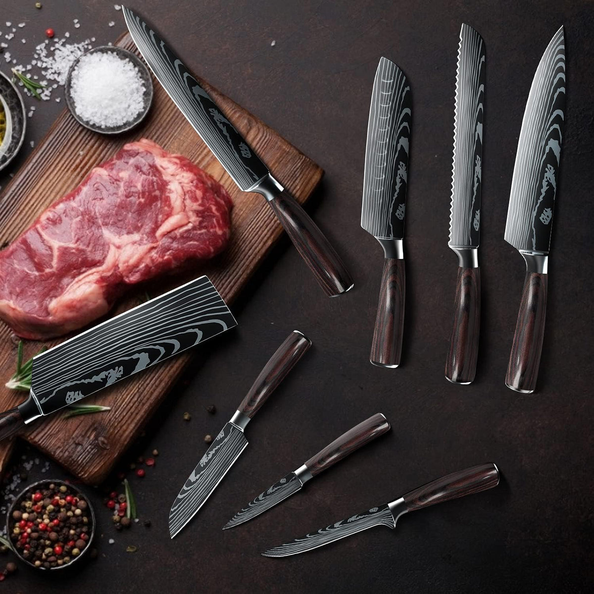 MDHAND 8-piece professional kitchen knife set with ergonomic pakkaholz handles in a carrying case, ideal for home and restaurant use