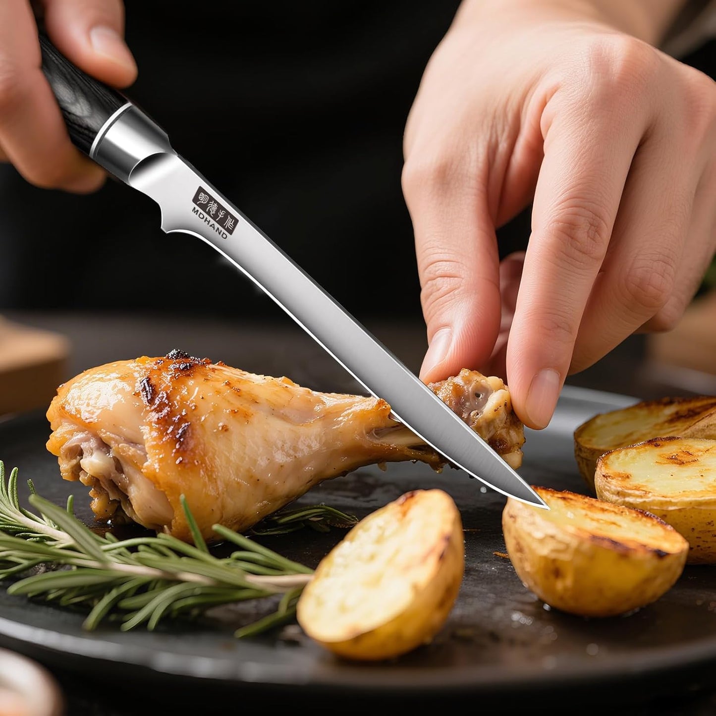 MDHAND chef knife set with 10 high carbon stainless steel Japanese kitchen knives, black pakkawood handles, in a roll bag.
