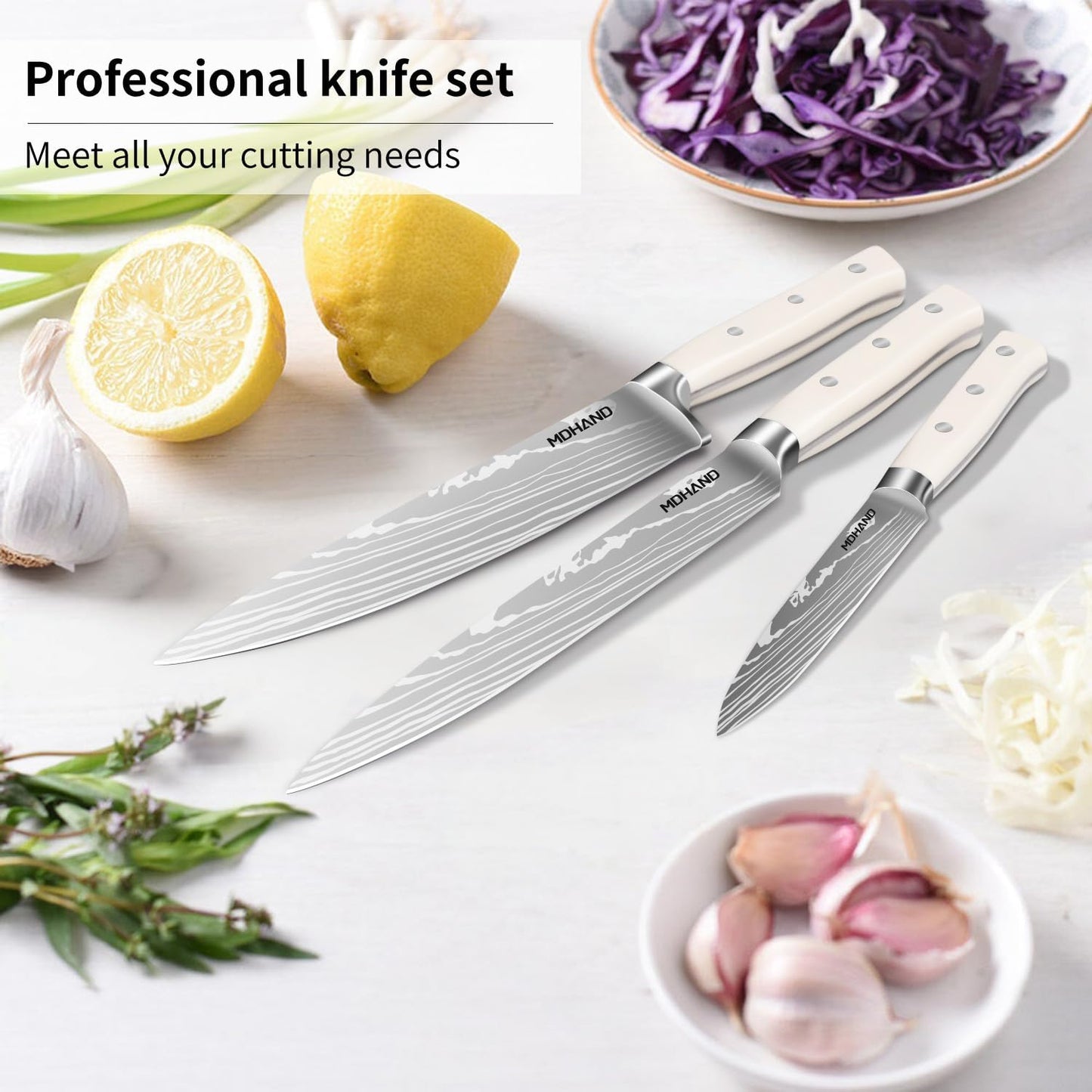 MDHAND 6-piece professional kitchen knife block set with steak knives, scissors, sharpener, and storage block for chefs