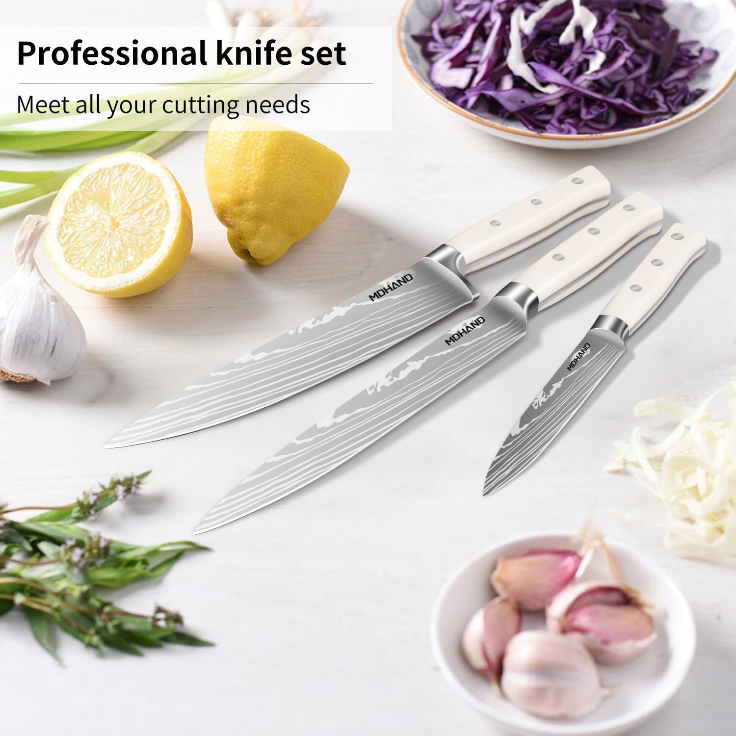 MDHAND 6-piece professional kitchen knife block set with steak knives, scissors, sharpener, and storage block for chefs