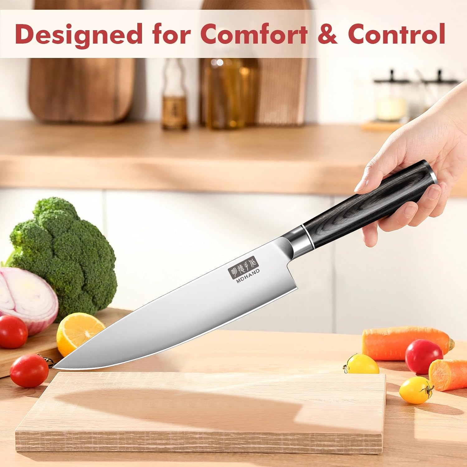 MDHAND 3-piece professional kitchen knife set with German high-carbon stainless steel, including chef’s, Santoku, and utility knives.