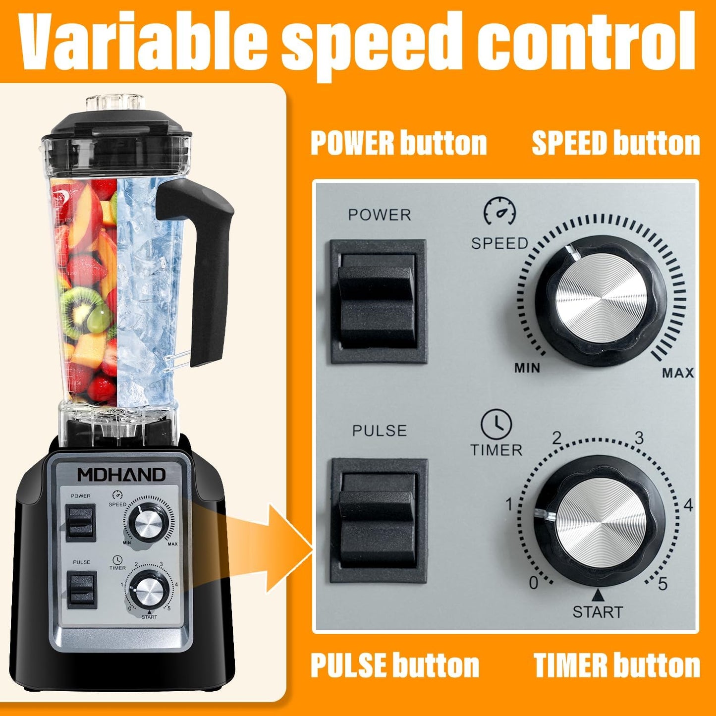 MDHAND 1400W professional kitchen blender with 68 oz pitcher and two 18-oz cups, ideal for smoothies, frozen drinks, and ice crushing