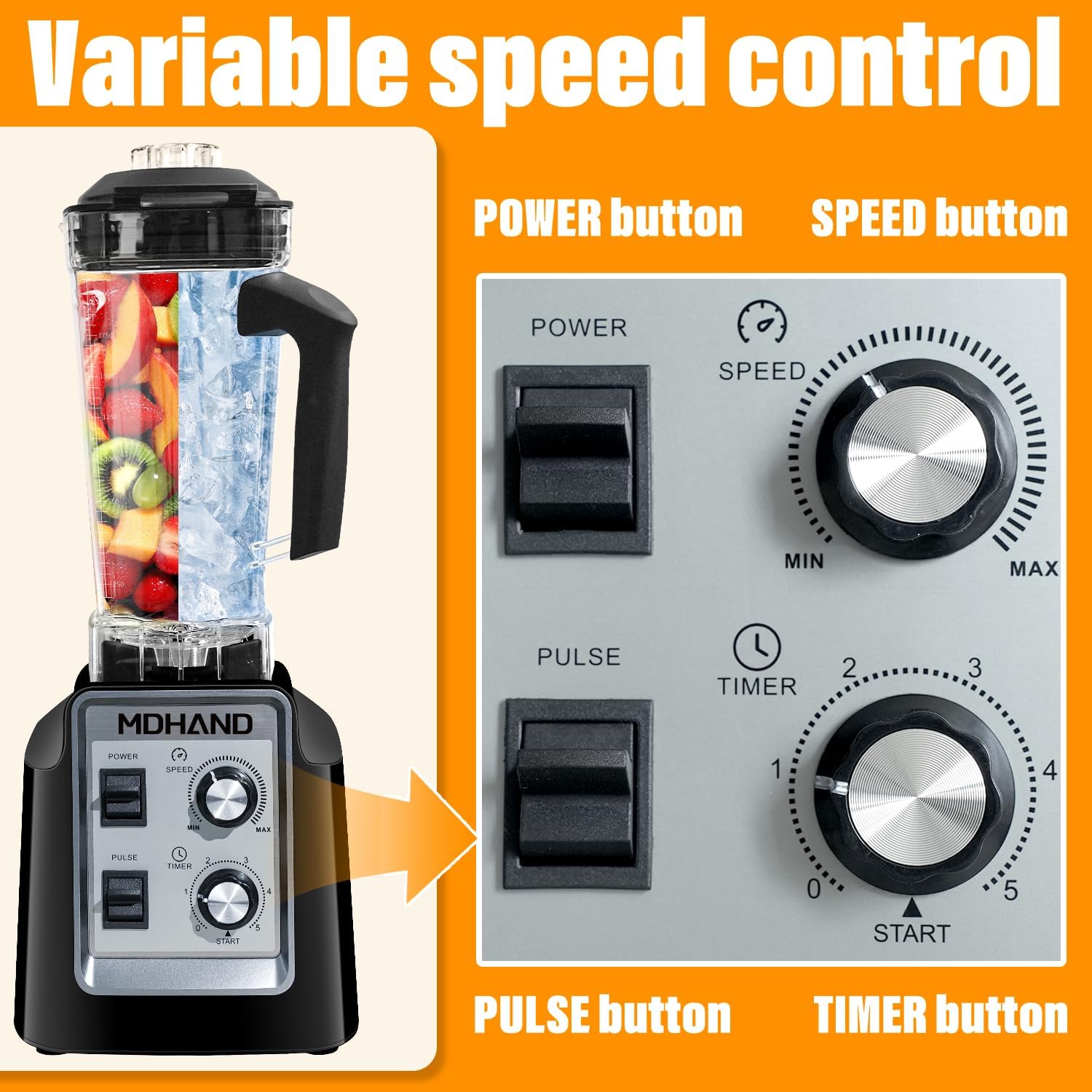 MDHAND 1400W professional kitchen blender with 68 oz pitcher and two 18-oz cups, ideal for smoothies, frozen drinks, and ice crushing