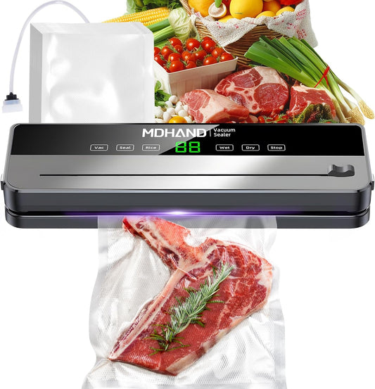 MDHAND vacuum sealer machine with 30 bags, built-in cutter, strong suction, and automatic sealing for home kitchen food preservation.